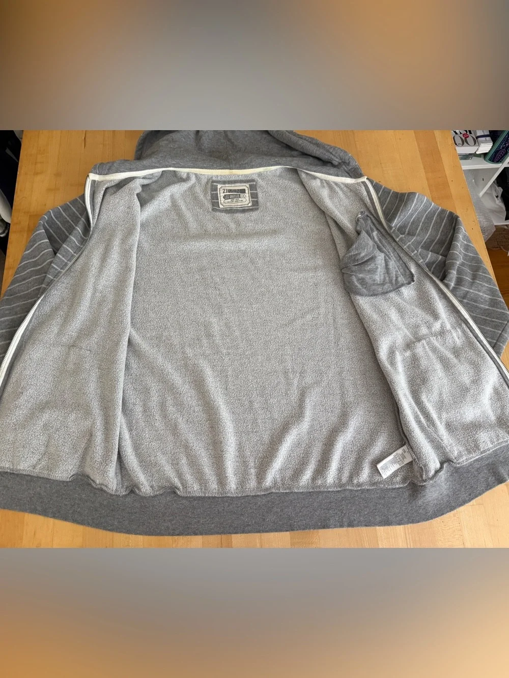 Forever 21 Men Gray Striped Zip-up Hoodie Soft & Cuddly Large